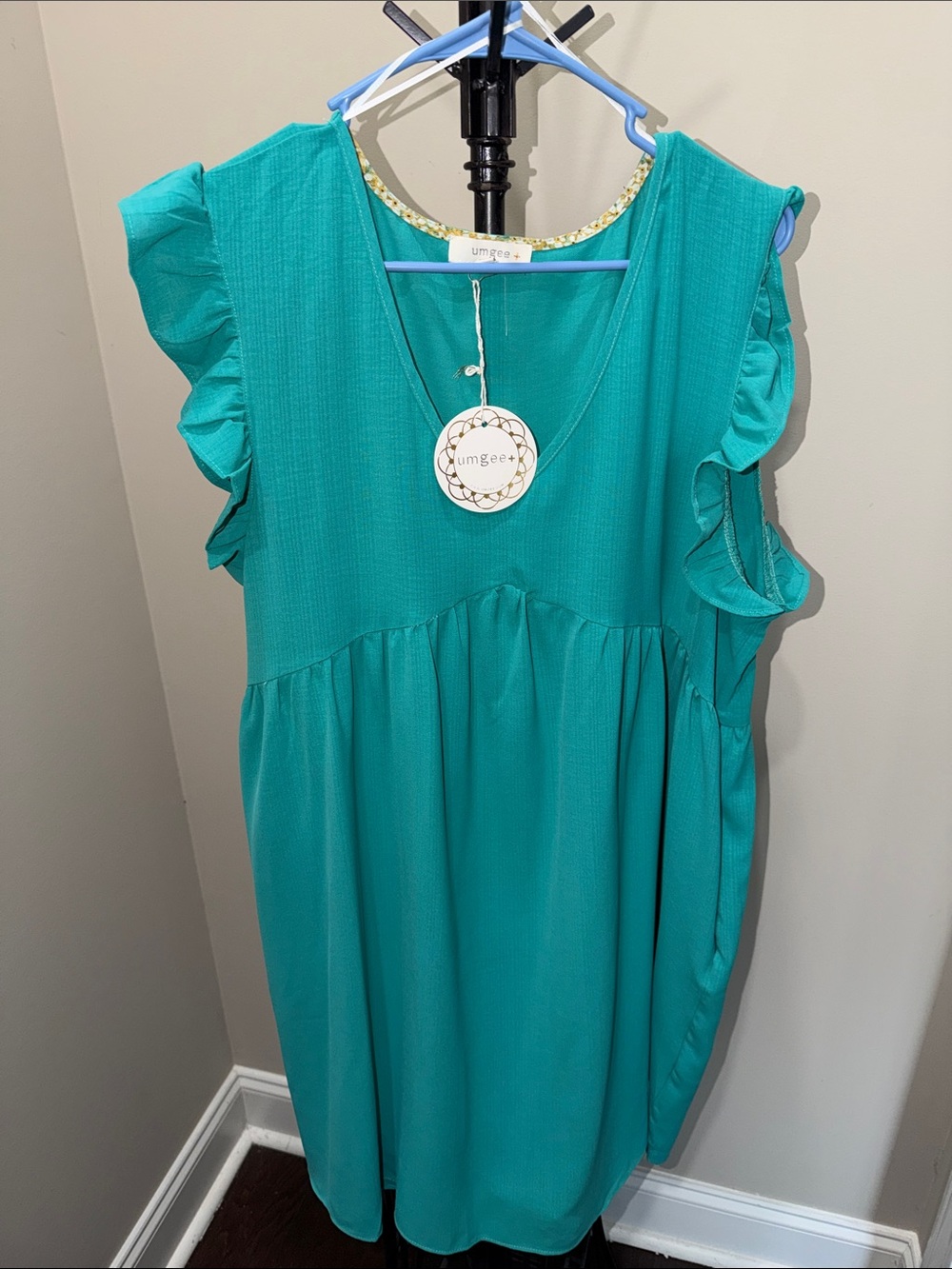 Umgee Teal Ruffle Sleeve V-Neck Babydoll Dress